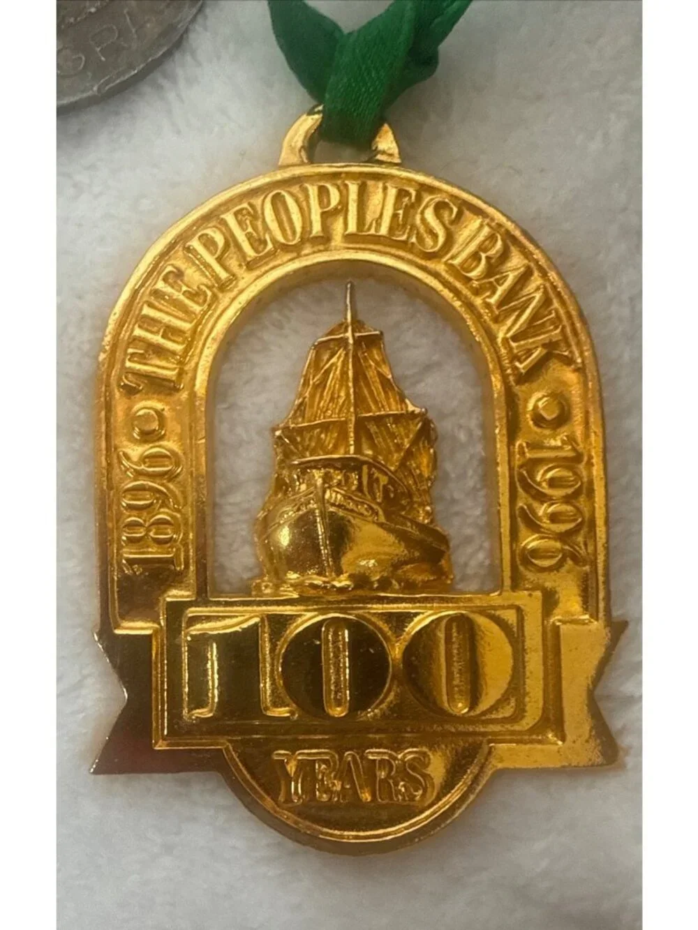 The Peoples Bank 100 Years Commemorative Gold-Tone Medallion pewter With Green R